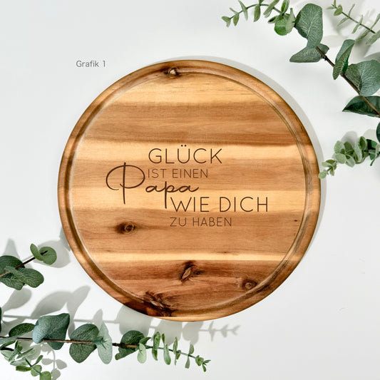 Runder Vesperteller aus Akazienholz mit Gravur